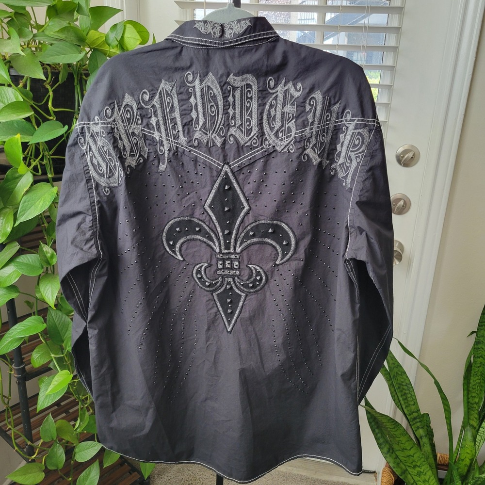 Roar Mens XXL Strength Refined Black Studded Fleur De Lis Button Down Shirt